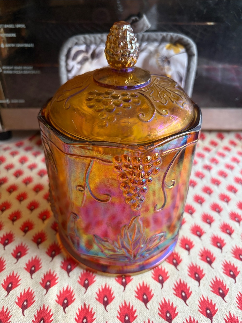 Carnival glass vintage Iridescent Grape Motif Decorative Canister - Gold Finish